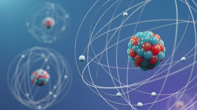 Atomic structure. Atom is the smallest level of matter that forms chemical elements. Nuclear reaction. Concept of physics, science. Neutrons and protons - nucleus. Loop-able seamless 4K 3D animation