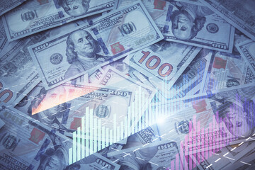 Double exposure of forex graph drawing over us dollars bill background. Concept of financial markets.