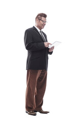 happy business man with a digital tablet . isolated on a white