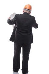 Mature successful architect with a roll of drawings. isolated on a white