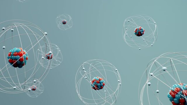 Atomic structure. Atom is the smallest level of matter that forms chemical elements. Nuclear reaction. Concept nanotechnology. Neutrons and protons - nucleus. 4K 3D animation