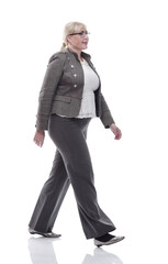 successful business woman stepping forward . isolated on a white