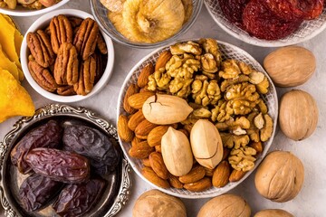 Composition dried fruits and assorted nuts.Top view