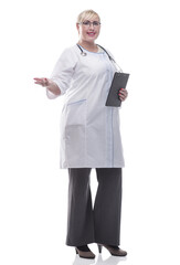 friendly female doctor with clipboard looking at you