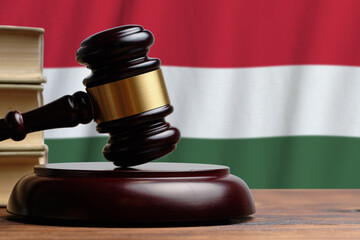Justice and court concept in Hungary. Judge hammer on a flag background