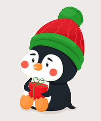 Cute little penguin with a gift and in a warm hat. Vector character in flat cartoon style.