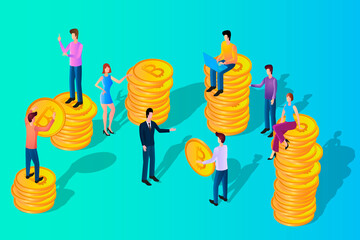 People are engaged in the production of bitcoins.The concept of cryptocurrency turnover.Modern cryptocurrency mining business.Financial investments in bitcoins.Isometric vector illustration.