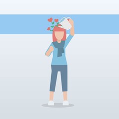 self care and self compassion concept,Woman or girl watering it on her head from a watering can,Red heart shaped flower,Add freshness and confidence,Vector illustration.
