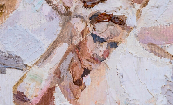 Macro. Art. Fragment of oil painting. Ballerina at performance. Colors: white, purple, ocher, beige.