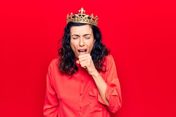 Young beautiful hispanic woman wearing princess crown feeling unwell and coughing as symptom for cold or bronchitis. health care concept.