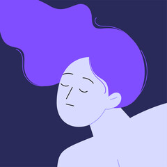 Flat illustration of a calm woman with wavy hair and closed eyes. Meditation and anxiety management concept