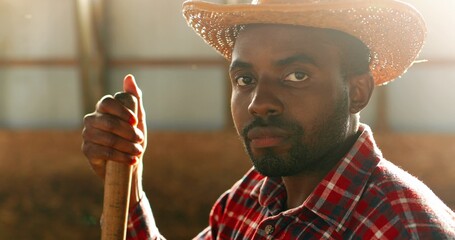 Portrait of young handsome African American man farmer in hat looking at camera and leaning on pitchfork in barn. Good-looking male shepherd in dark stable. Close up. Flies flying. © VAKSMANV