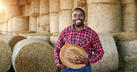 Young handsome African American man farmer standing and smiling in barn with hay barn. Portrait of...