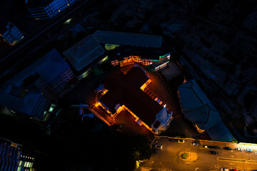 Night top view of the Christian Catholic Church in Kuala Lumpur. The building is made in the shape of a cross