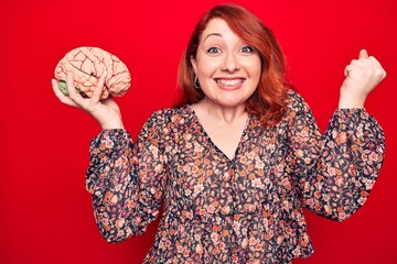 Young beautiful redhead woman asking for care memory holding brain over red backgroud screaming...