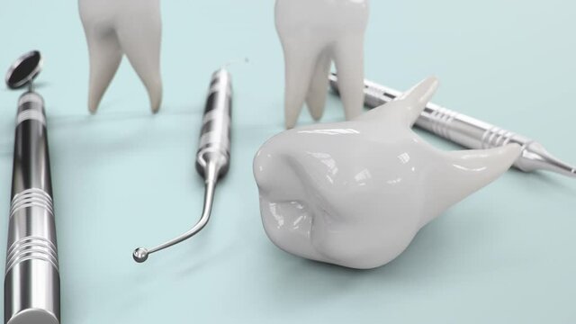 Healthy teeth rotation animation. Teeth with dental tools. Concept of toothbrushing, care and protection against caries. Concept oral care. Teeth whitening. Medical 4K 3D Animation
