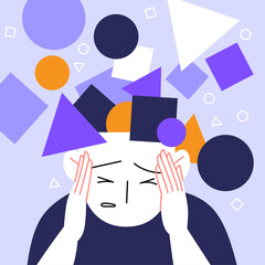 Anxiaety attack concept flat illustration. A person with abstract geometric figures coming from their head. Character holds their head with disturbed facial expression.