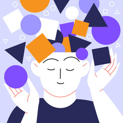 Mental health self help concept flat illustration. A person with abstract geometric figures coming from their head. Peaceful vibe