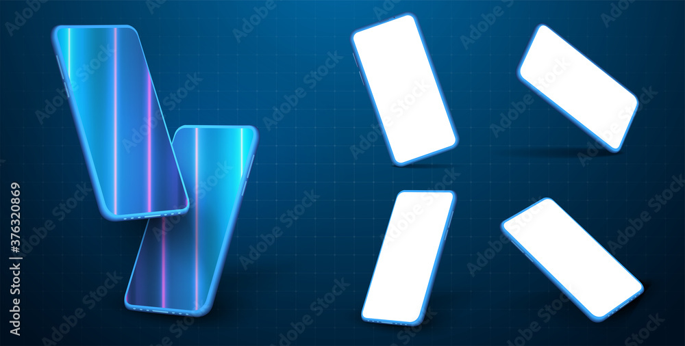 Aufkleber Modern smartphone glass hanging over table with a smooth dark blue surface in perspective view with reflection. Smartphone perspective view with blank screen. UI, UX, KIT presentation. Vector Mockup