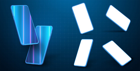 Modern smartphone glass hanging over table with a smooth dark blue surface in perspective view with reflection. Smartphone perspective view with blank screen. UI, UX, KIT presentation. Vector Mockup