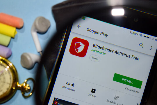 Bitdefender Antivirus Free dev app with magnifying on Smartphone screen. Antivirus is a freeware web browser developed by Bitdefender