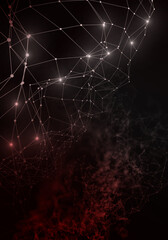 Plexus lines, dots and light beams with light points. Abstract technology, science and engineering background. Depth of field settings. 3D rendering