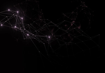 Plexus lines, dots and light beams with light points. Abstract technology, science and engineering background. Depth of field settings. 3D rendering