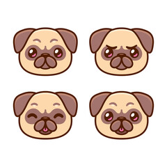 Cute cartoon pug faces set