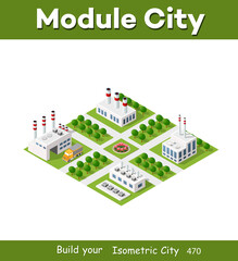 Isometric plant in 3D dimensional projection includes factories