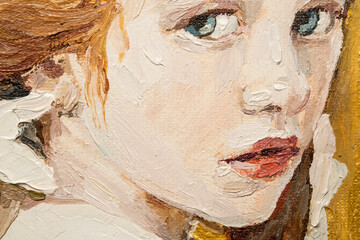Oil painting. Portrait of a girl on a gold background. The art is done in a realistic manner.