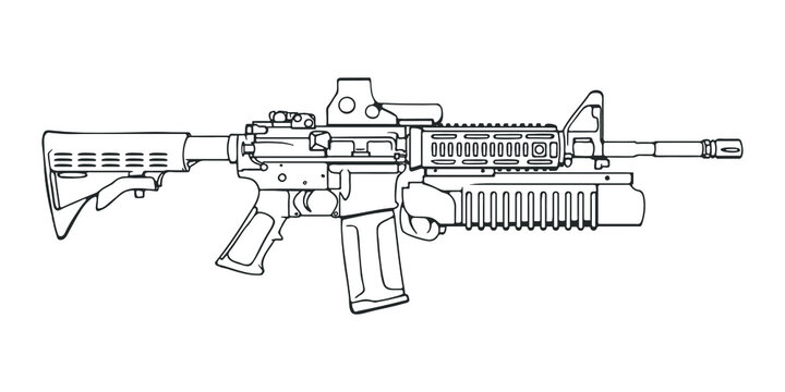 American M4 assault rifle with reflex sight and grenade launcher.  Vector Outline Illustration
