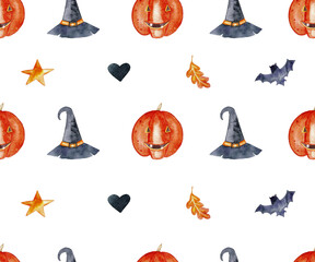 Watercolor painted seamless pattern for Halloween on white background. Hand-drawn illustrations: pumpkin, fall leaf, hat, heart, bat