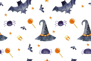 Watercolor painted seamless pattern for the Halloween on white background. Hand-drawn illustrations: witch hat, spider, lolly pop, candy, star, bat