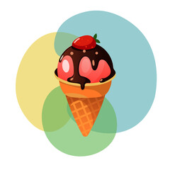 Strawberry ice cream in waffle cup. Dessert in the hot season. Vector illustration