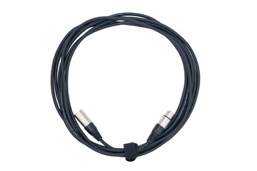 Black coiled XLR microphone audio cable on white background