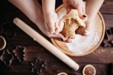 Christmas and New Year holidays, family weekend activities, celebration traditions. Mother and daughter cooking festive homemade sweets. Woman and girl kneading gingerbread dough on pastry board