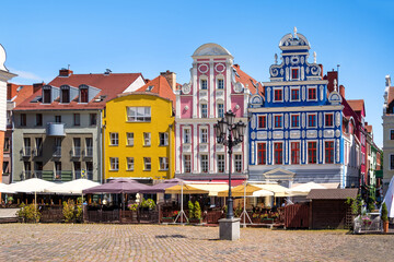 Reconstructed tenements at the hay market in old town Szczecin, Poland - obrazy, fototapety, plakaty