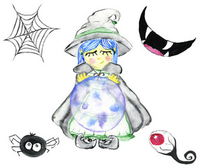 Halloween set. Watercolor  illustration s, witch, spider, eye, ball, smile.
