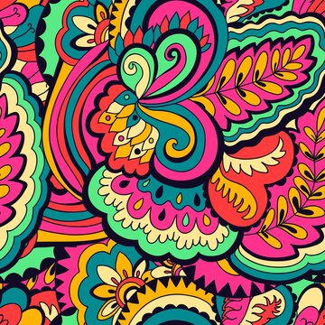 Seamless psychedelic pattern with crazy colorful ornamental elements.