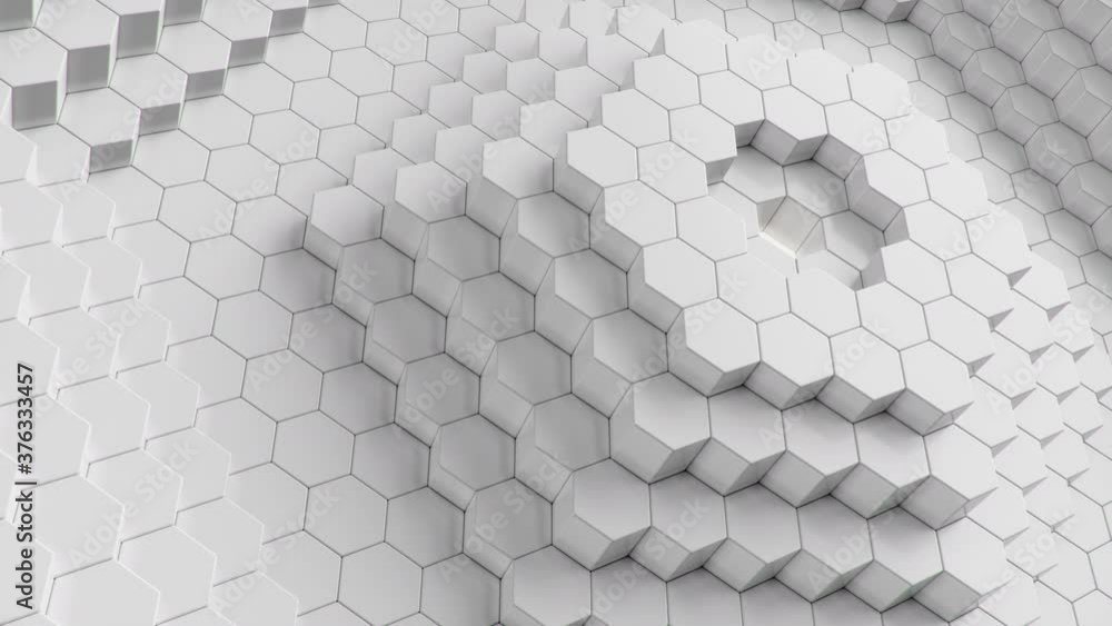 Poster animation abstract white hexagons moving up, down. polygon surface with luminous hexagon in the cent