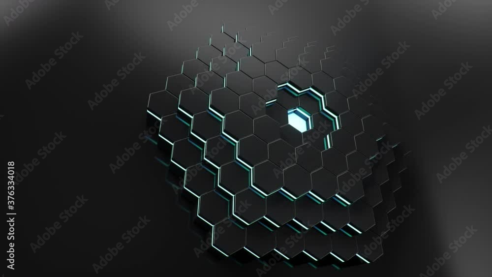 Poster animation abstract futuristic hexagons moving up, down. polygon surface with luminous hexagon in the