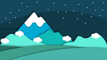Beauty Night landscape Mountain paper art style with cloud background vector illustration