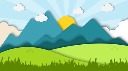 Gardinen Schönheitslandschaftspapierkunstart mit glänzender Hintergrundvektorillustration © Vee_adja