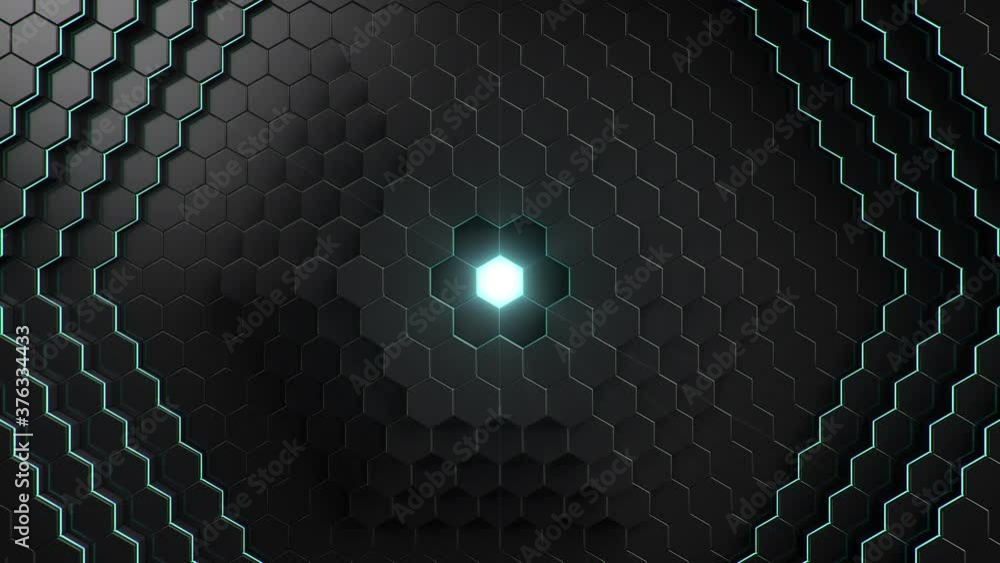 Poster animation abstract futuristic hexagons moving up, down. polygon surface with luminous hexagon in the