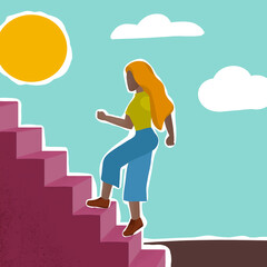 business woman climbing stairs. Abstract success and personal growth concept.
