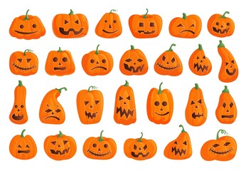 Halloween pumpkin icon. Creepy halloween pumpkin icon isolated set. Spooky gourd with different jack-o-lantern face emotion collection on white. Vector holiday party decorative vegetable illustration