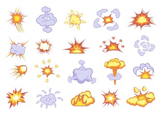 Boom explosion. Blazing flame, burning fire and cloud smog trace from dynamite or nuclear bomb detonation icon illustration on white. Vector cartoon boom explosion effect with smoke isolated set