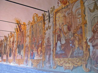 Italy, Marche, Tolentino, Saint Nicolas Basilica cloister frescoes fragments.