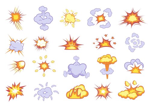 Boom explosion. Blazing flame, burning fire and cloud smog trace from dynamite or nuclear bomb detonation icon illustration on white. Vector cartoon boom explosion effect with smoke isolated set