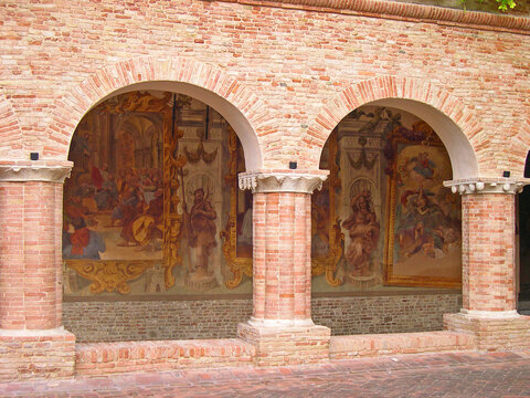 Italy, Marche, Tolentino, Saint Nicolas Basilica decoration in the monumental cloister.
